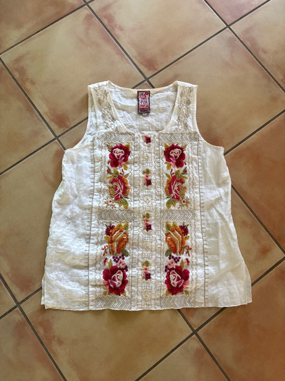 Johnny Was Floral Embroidered White Linen Tank Top Size M